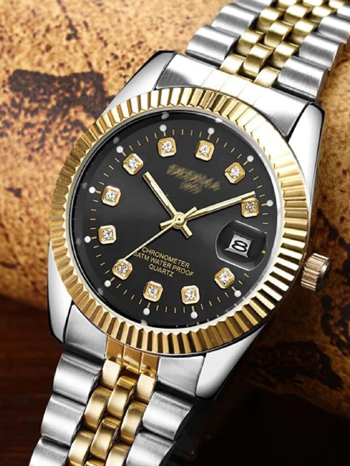 Business Style Golden Steel Band Quartz Watch With Calendar - Tuzzut.com Qatar Online Shopping