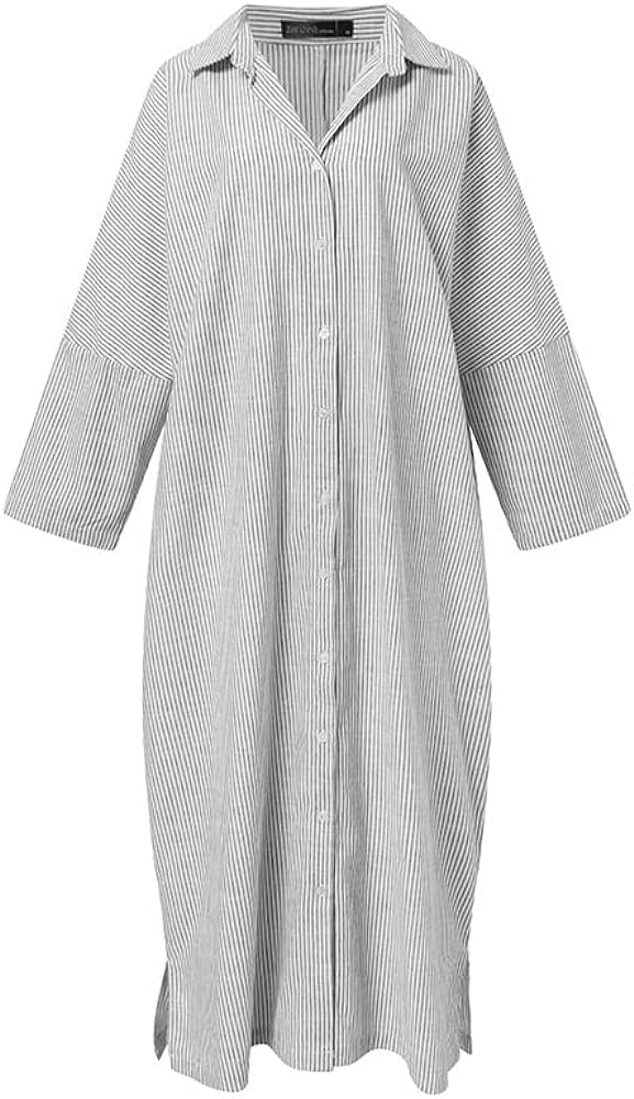 Women's Cotton Maxi Long Sleeve Button Down Loose Striped Kaftan Dress 39688 Women's Cotton Maxi Long Sleeve Button Down Loose Striped Kaftan Dress 39688