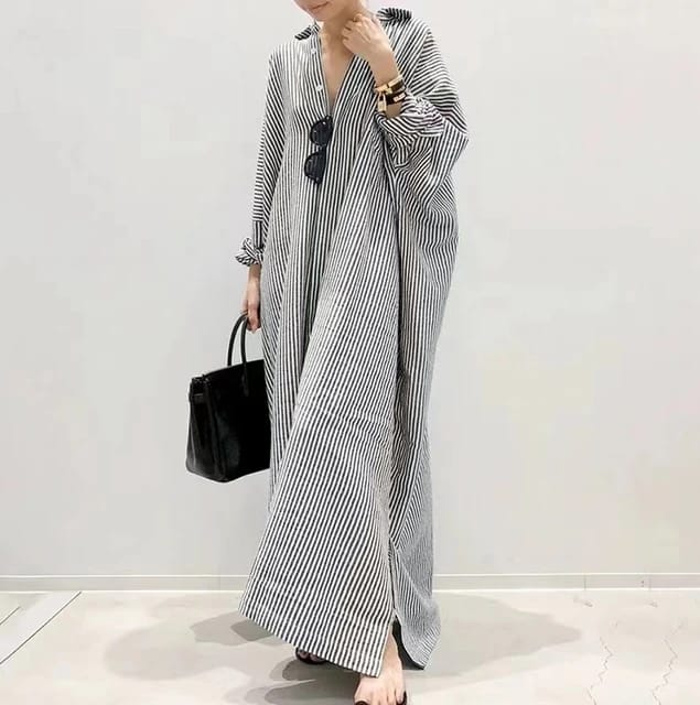 Women's Cotton Maxi Long Sleeve Button Down Loose Striped Kaftan Dress 39688 Women's Cotton Maxi Long Sleeve Button Down Loose Striped Kaftan Dress 39688