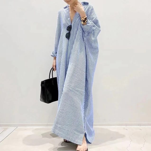 Women's Cotton Maxi Long Sleeve Button Down Loose Striped Kaftan Dress 39688 Women's Cotton Maxi Long Sleeve Button Down Loose Striped Kaftan Dress 39688