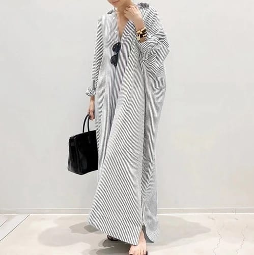 Women's Cotton Maxi Long Sleeve Button Down Loose Striped Kaftan Dress 39688 Women's Cotton Maxi Long Sleeve Button Down Loose Striped Kaftan Dress 39688