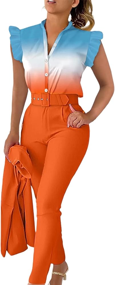 Women Casual Fashion Print Ruffle Sleeve Vest Shirt Pants with Belt B-88090 XL - Tuzzut.com Qatar Online Shopping