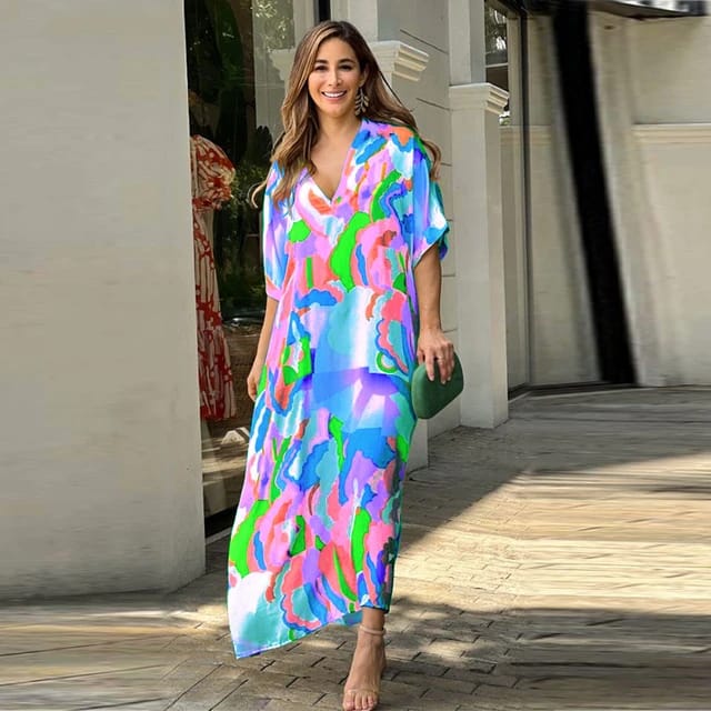 Bohemian women maxi casual elegant retro print style dress B-78380 (L) - Tuzzut.com Qatar Online Shopping