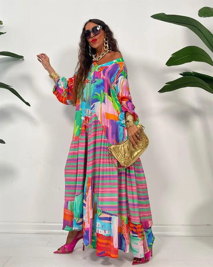 Women's Loose Plus Size Swing V-Neck Printed Dress B-85944 Women's Loose Plus Size Swing V-Neck Printed Dress B-85944