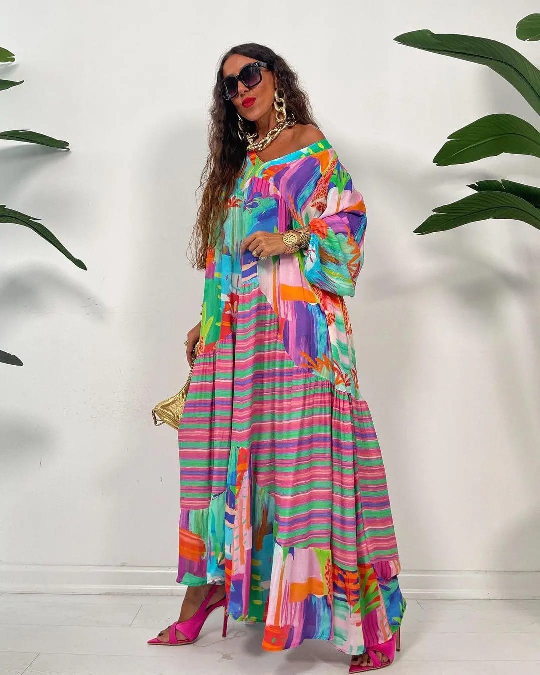 Women's Loose Plus Size Swing V-Neck Printed Dress B-85944 Women's Loose Plus Size Swing V-Neck Printed Dress B-85944
