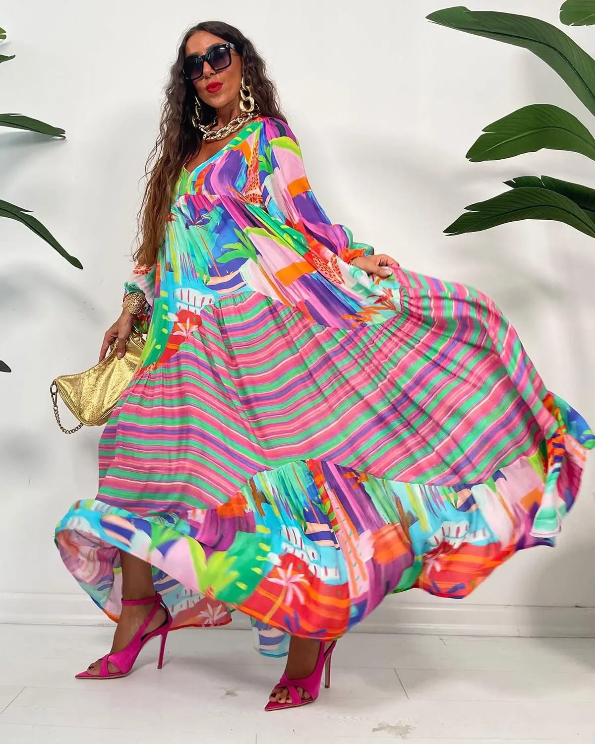 Women's Loose Plus Size Swing V-Neck Printed Dress B-85944 Women's Loose Plus Size Swing V-Neck Printed Dress B-85944