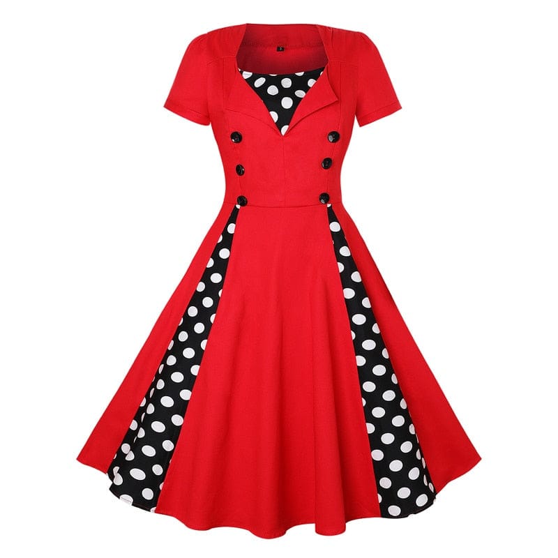 Vintage Patchwork Button Polka Dots Hepburn Printed Dress S4581683 - Tuzzut.com Qatar Online Shopping