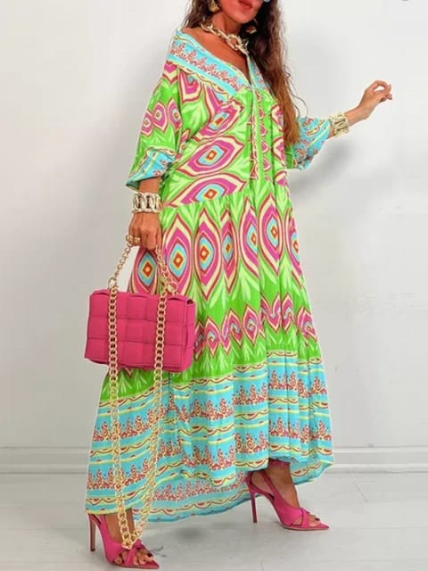 Autumn Women Vetement Femme Dashiki Abaya Print Maxi Dress B-78526 - Tuzzut.com Qatar Online Shopping