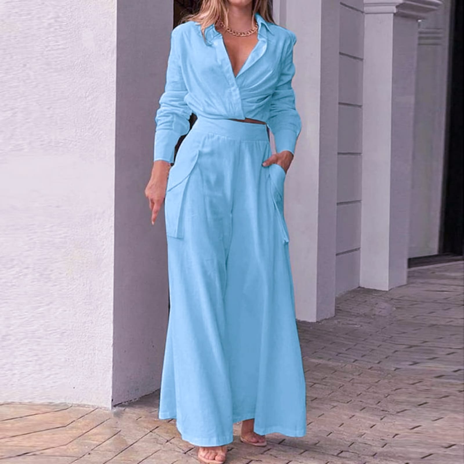 Women Outifits Long Sleeve Lapel Crop Top Office Shirt B-89254 Women Outifits Long Sleeve Lapel Crop Top Office Shirt B-89254