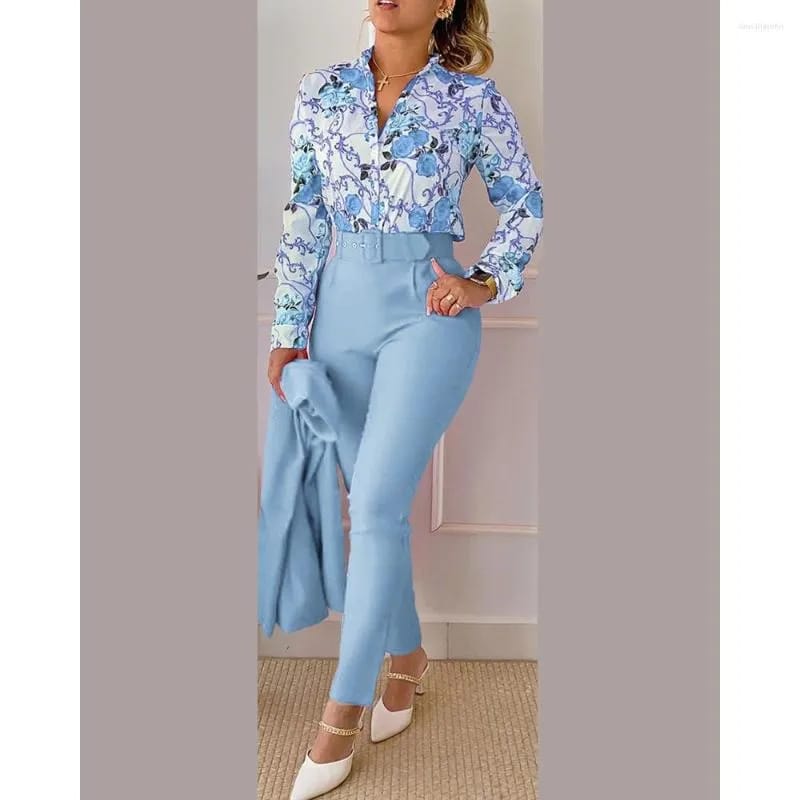 Casual Two-piece Print Front Button Shirt & Solid Color Pants B-116395 - Tuzzut.com Qatar Online Shopping