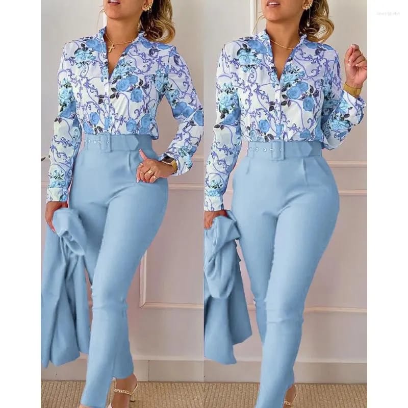 Casual Two-piece Print Front Button Shirt & Solid Color Pants B-116395 - Tuzzut.com Qatar Online Shopping