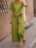 Two Piece Sets Women Summer Casual Cotton Linen O-Neck Tops And Wide Leg Straight Pants Outfits Fashion Solid Ladies Streetwear B-21378 - Tuzzut.com Qatar Online Shopping