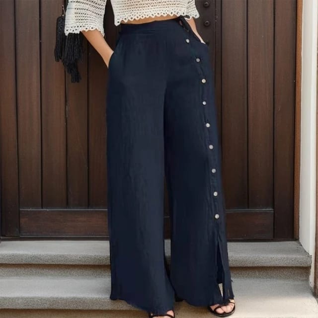 ZANZEA Femme Casual Wide Leg Pants Spring Women Elastic Loose Trousers Work Palazzo Solid Fashion Buttons Pantalon Oversize S4075654 - Tuzzut.com Qatar Online Shopping