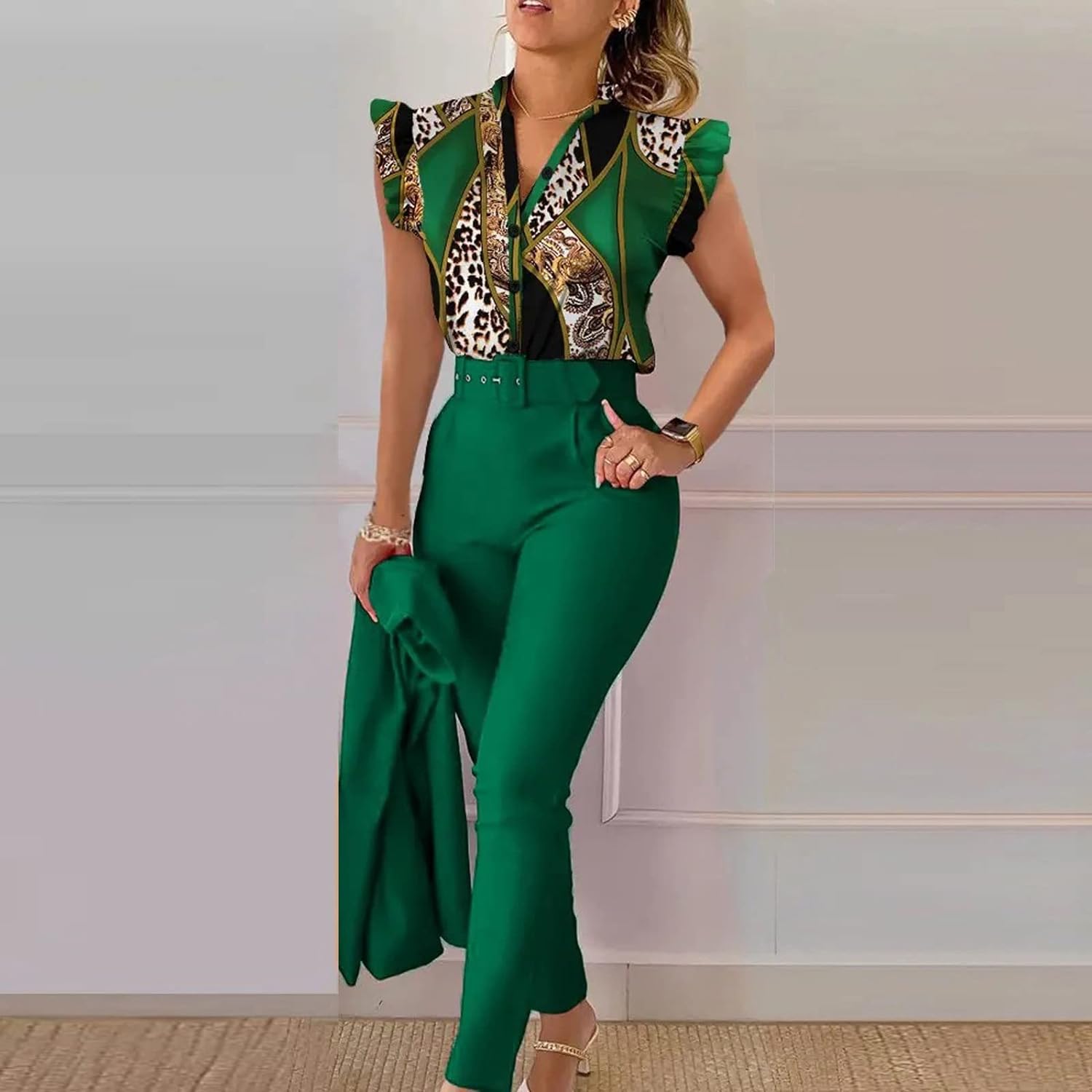 Elegant Women Printed Two Piece Suit Sets with Belt B-101255 Elegant Women Printed Two Piece Suit Sets with Belt B-101255