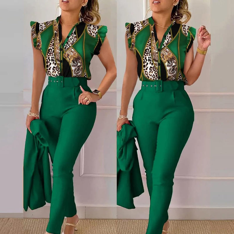 Elegant Women Printed Two Piece Suit Sets with Belt B-101255 - Tuzzut.com Qatar Online Shopping