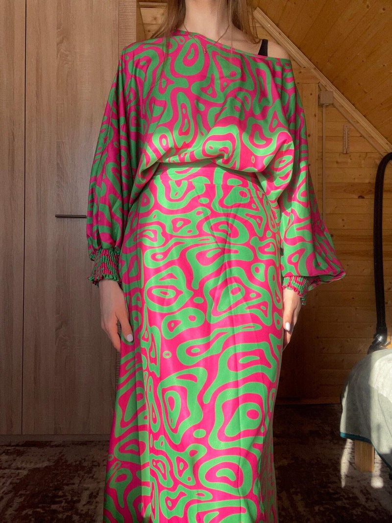 Women Summer Loose Printed Doll Sleeve Long Sleeve Top High Waist Long Skirt Suit S4600002 - Tuzzut.com Qatar Online Shopping