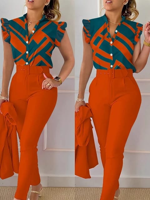 Elegant Women Printed Two Piece Suit Sets Shirt Top & Long Pants with Belt B-100094 - Tuzzut.com Qatar Online Shopping