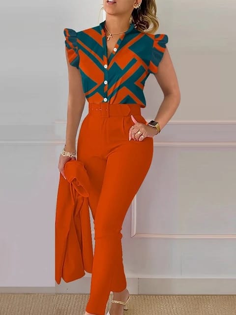 Elegant Women Printed Two Piece Suit Sets Shirt Top & Long Pants with Belt B-100094 - Tuzzut.com Qatar Online Shopping