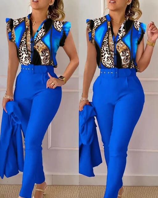 Elegant Women Printed Two Piece Suit Sets with Belt B-101255 Elegant Women Printed Two Piece Suit Sets with Belt B-101255