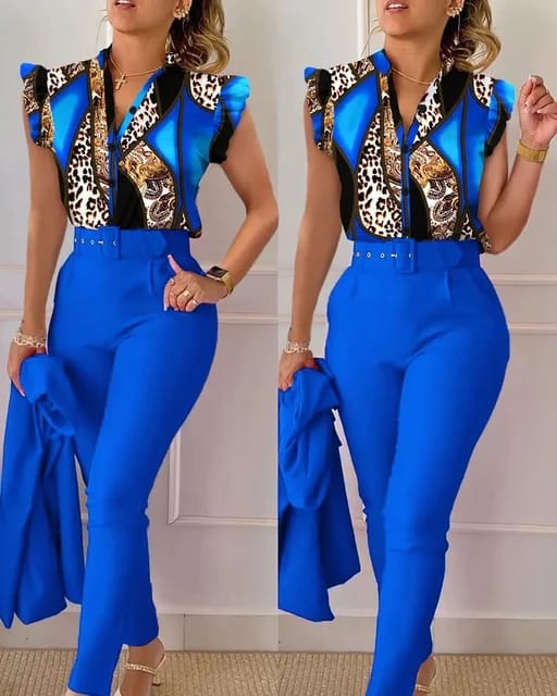 Elegant Women Printed Two Piece Suit Sets with Belt B-101255 - Tuzzut.com Qatar Online Shopping