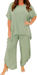 Women 2 Piece Linen Suit Comfortable Short Sleeve And Long Pants B-76594 - Tuzzut.com Qatar Online Shopping