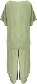 Women 2 Piece Linen Suit Comfortable Short Sleeve And Long Pants B-76594 - Tuzzut.com Qatar Online Shopping