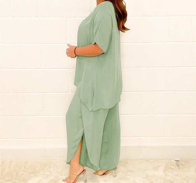 Women 2 Piece Linen Suit Comfortable Short Sleeve And Long Pants B-76594 - Tuzzut.com Qatar Online Shopping