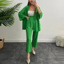 Solid Color Cotton Linen Loose Casual 2 Pcs Cardigan Top And Pants Set TS42 - TUZZUT Qatar Online Shopping