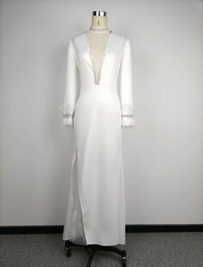 Elegant White Feathers Bridal Wedding Dresses L B-48867 - TUZZUT Qatar Online Shopping