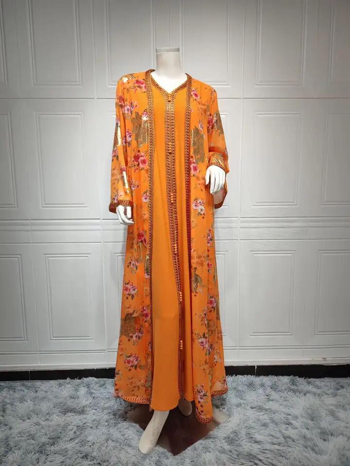 Two Piece Muslim Dress Chiffon Print Belted Kaftan Ramadan Gown Abayas Islamic Cloth Turkish Women Clothes 2XL S4690329 - TUZZUT Qatar Online Shopping