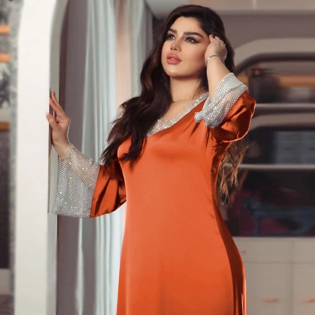Eid Satin Diamonds Plus Size Long Dress for Women L S4856161 - TUZZUT Qatar Online Shopping