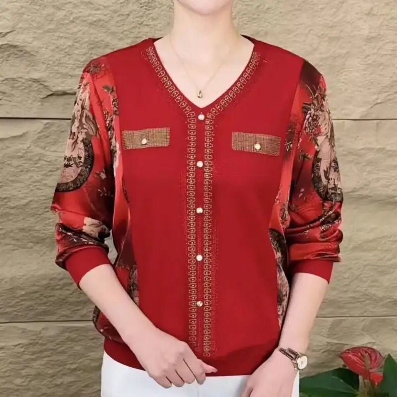 Spring and Autumn Women's Pullover V-neck Printed Panel with Diamonds Loose Fit Long Sleeve Bottom T-shirt - S5065251 Spring and Autumn Women's Pullover V-neck Printed Panel with Diamonds Loose Fit Long Sleeve Bottom T-shirt - S5065251