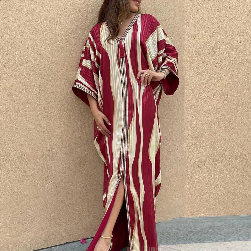 Ramadan Muslim Kaftan Abaya Print Striped Evening Party Dresses S4538114 - TUZZUT Qatar Online Shopping