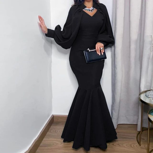 Women's Lantern Sleeve V Neck African Evening Party Dress B-61038 3XL - TUZZUT Qatar Online Shopping