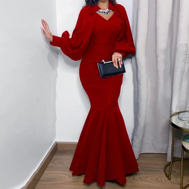 Women's Lantern Sleeve V Neck African Evening Party Dress B-61038 3XL - TUZZUT Qatar Online Shopping