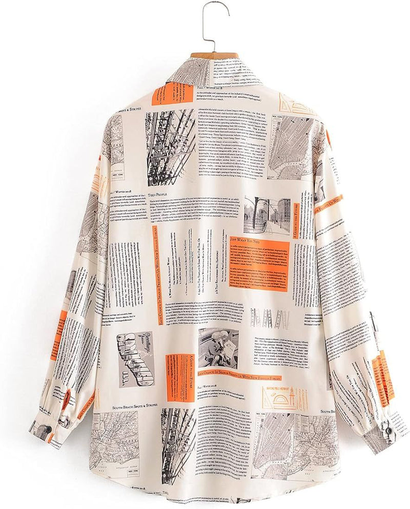 Women's Newspaper Print Long Sleeve Tunic Button Down Shirts Blouses 2XL S4917514 - TUZZUT Qatar Online Shopping