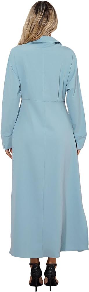 Womens Solid Slit Maxi Shirt Dress Collared Neck Long Sleeve Button Up
