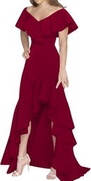 Womens V Neck Party Flowy Ruffle Irregular Long Dress B-60417, 2XL - TUZZUT Qatar Online Shopping