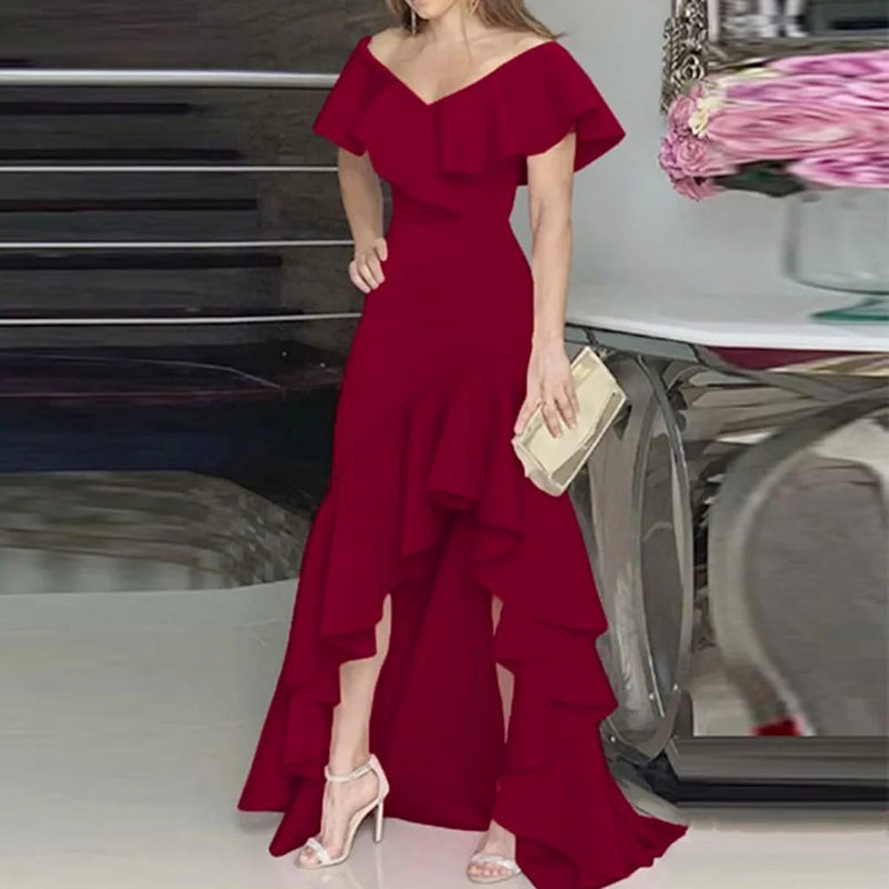 Womens V Neck Party Flowy Ruffle Irregular Long Dress B-60417, 2XL - TUZZUT Qatar Online Shopping