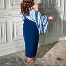 Blue Satin Mermaid Evening Vintage Long Puff Sleeves Dress 070611969 M - TUZZUT Qatar Online Shopping