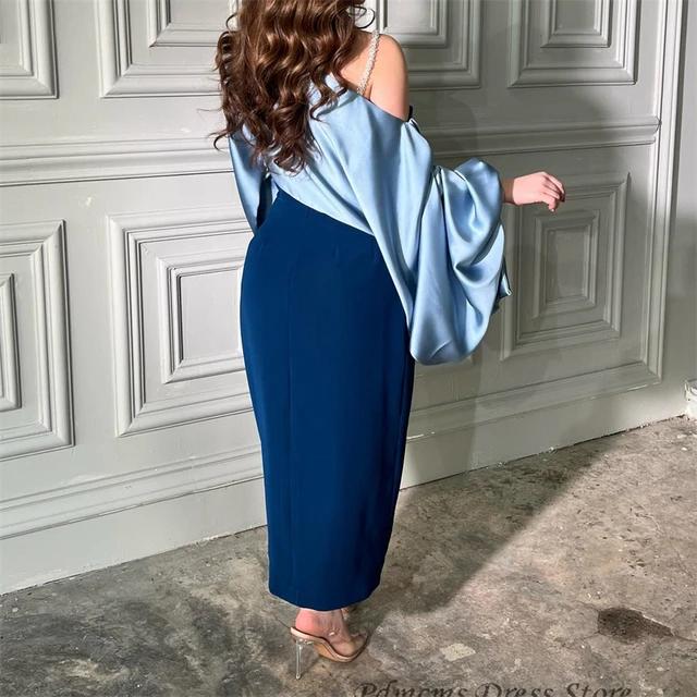 Blue Satin Mermaid Evening Vintage Long Puff Sleeves Dress 070611969 Blue Satin Mermaid Evening Vintage Long Puff Sleeves Dress 070611969