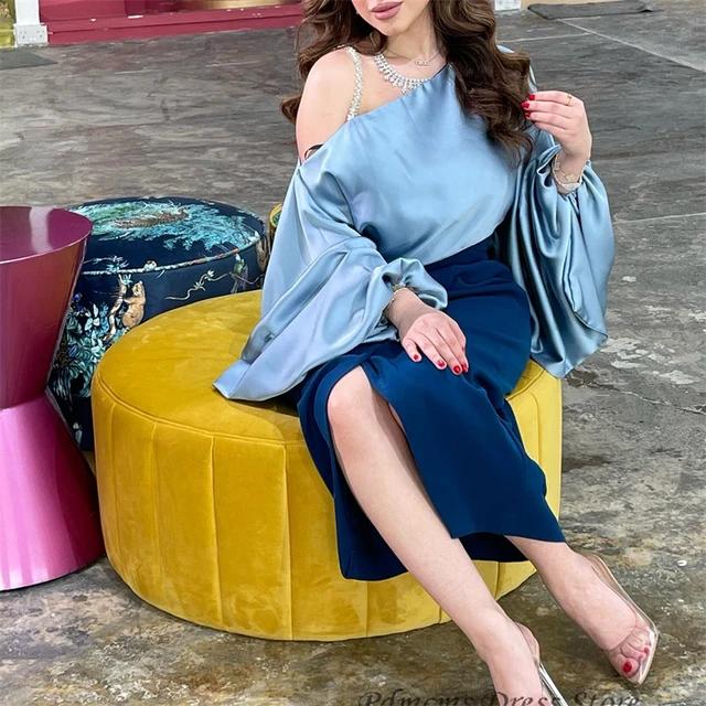 Blue Satin Mermaid Evening Vintage Long Puff Sleeves Dress 070611969 Blue Satin Mermaid Evening Vintage Long Puff Sleeves Dress 070611969