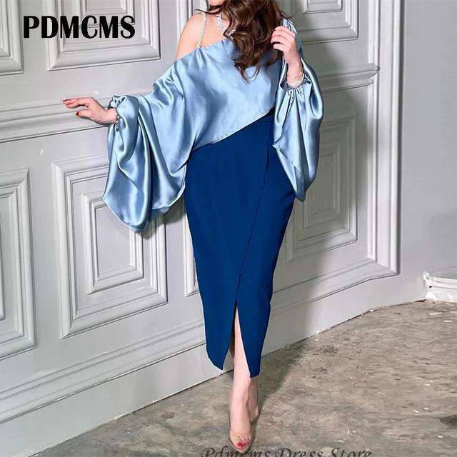 Blue Satin Mermaid Evening Vintage Long Puff Sleeves Dress 070611969 Blue Satin Mermaid Evening Vintage Long Puff Sleeves Dress 070611969