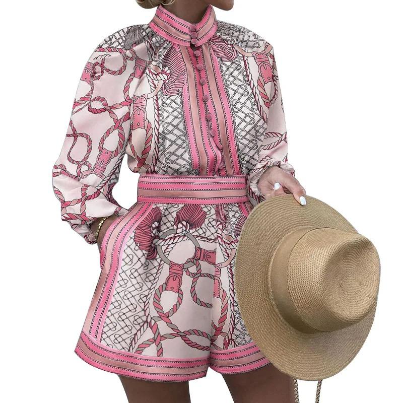 Women Autumn Printed Long Sleeve Top Two Piece Collar Shorts 2 Sets S4521666 L Women Autumn Printed Long Sleeve Top Two Piece Collar Shorts 2 Sets S4521666 L