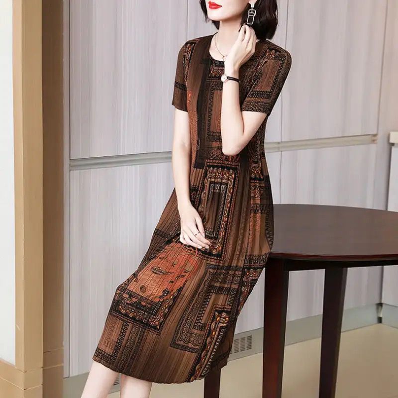 Fashionable Pleated Dress chiffon retro high-end foreign air large thin skirt pleated print dress summer o neck dress XL B-52185 Fashionable Pleated Dress chiffon retro high-end foreign air large thin skirt pleated print dress summer o neck dress XL B-52185