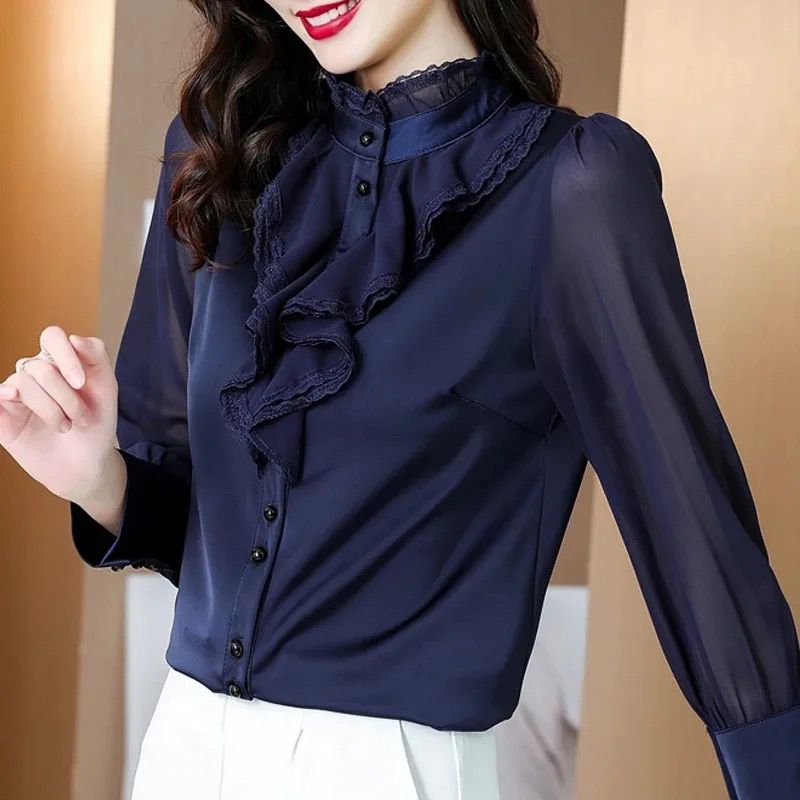 Elegant Lace Chiffon Women Blouse Fashion New Ruffle Shirt 3XL S4942706 - TUZZUT Qatar Online Shopping