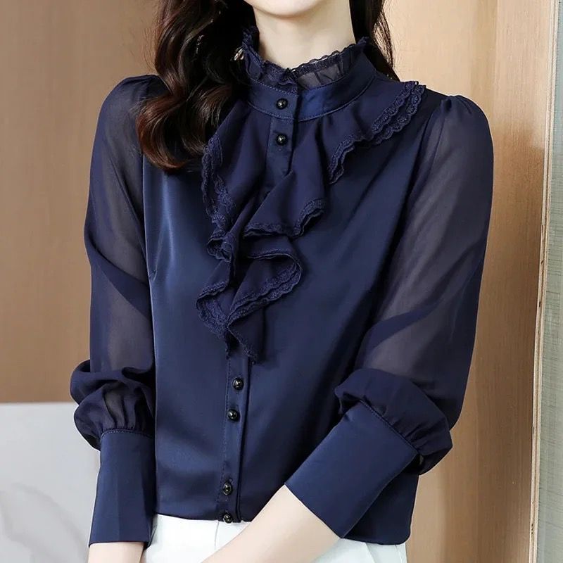 Elegant Lace Chiffon Women Blouse Fashion New Ruffle Shirt 3XL S4942706 - TUZZUT Qatar Online Shopping