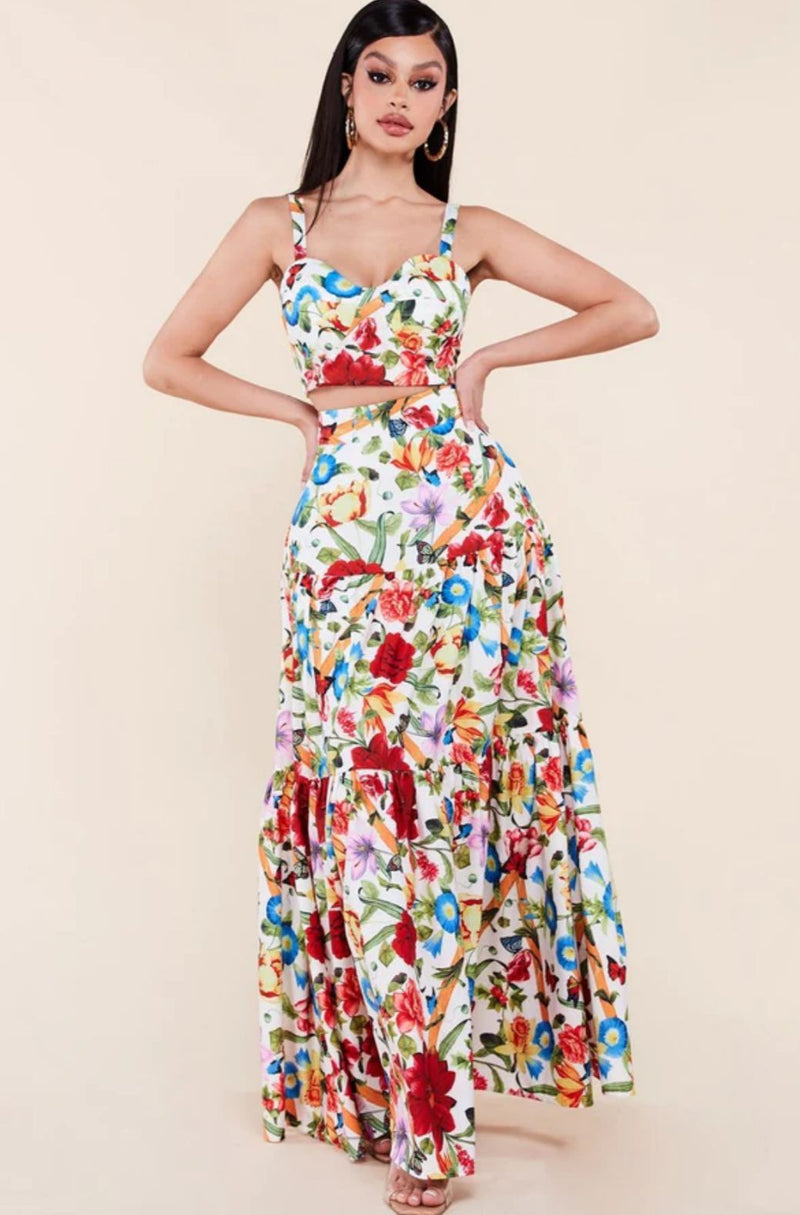 Ladies Holiday Fashion Folk Skirt Suit Summer Flowers Sweet Short Vest & Slim Pleated Long A Skirt 3XL B-53665 - TUZZUT Qatar Online Shopping
