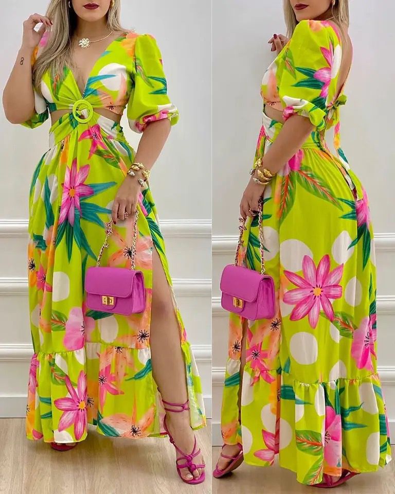 Summer Women half Sleeved Cutout V-Neck Twist Elegant Tie Maxi Dress 3XL B-83351 - TUZZUT Qatar Online Shopping