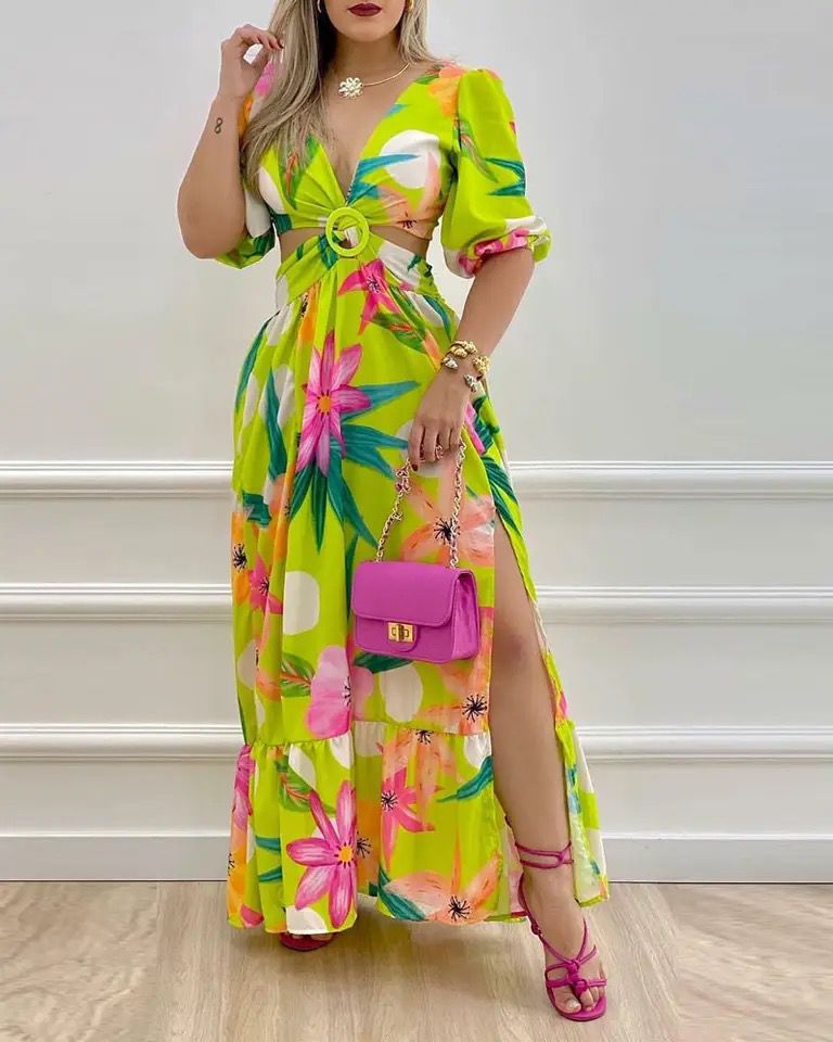 Summer Women half Sleeved Cutout V-Neck Twist Elegant Tie Maxi Dress B-83351 Summer Women half Sleeved Cutout V-Neck Twist Elegant Tie Maxi Dress B-83351
